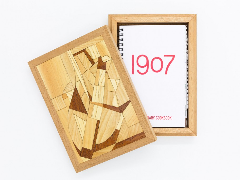 Joe Scanlan & Donelle Woolford Véritablement (Lute), 2014-2016 Box: hardwood inlay, cedar; 1907, A Centenary Cookbook: offset ink on paper, wire binding; Recipes: original and facsimile recipies, ballpoint pen or inkjet on paper 21 x 15 x 4 cm 