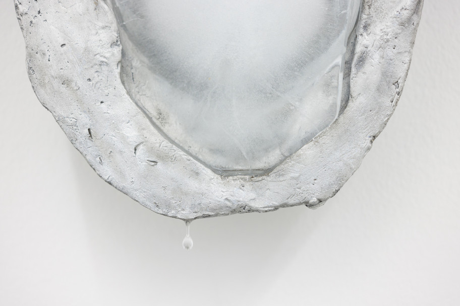 Tania Pérez Córdova Thinking (detail), 2023 aluminium, melting ice; live transmission of the sound of the melting sculpture, microphone, cable, mixer, speakers each cast 42 x 29 x 11 cm, overall dimensions 175 x 40 x 30 cm 