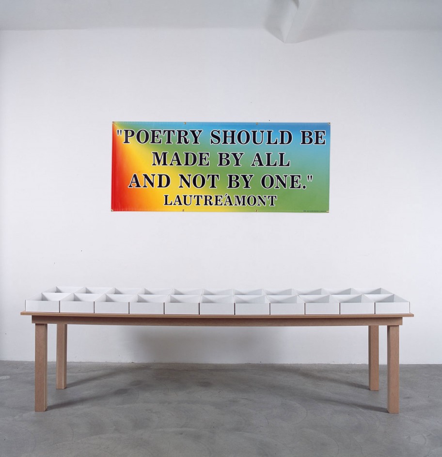 Allen Ruppersberg Free poetry, 2005 - 2006Printed banner, table with 22 boxes, containing stacks of Xeroxed pages with 22 different images and fingerprints in coloured ink 