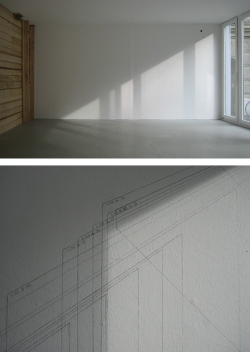 Adrien Tirtiaux A set of geometric figures determined by the sunlight through a window, drawn at irregular intervals depending on the mood of the draftsman and of the weather, 2009Bleistift auf Wand und Boden Dimensionen variabel 